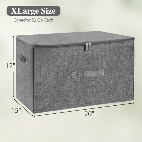 ANMINY 2PCS Storage Bins with Zipper Lids 51.9 Qt Lidded Fabric Storage Boxes Baskets Cubes with Handles Collapsible Washable Cotton Linen Closet Shelf Clothes Organizer - Gray, Extra Large - color: Gray, size: Extra Large (Pack of 2)