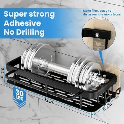 2-Pack Adhesive Shower Caddy – Rustproof Aluminum Black Shower Shelves with Towel Bars & Hooks, No Drill Bathroom Organizers and Storage, Anti-Tip Shower Organizer for Inside Shower - size: 2-Pack