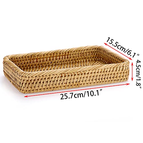 Sumnacon 10 Inch Rattan Bathroom Vanity Tray - Decorative Wicker Toilet Tank Tray for Paper Hand Towel, Vintage Storage Basket Bin for Bathroom Kitchen Toilet Tank Vanity Countertop Table Shelf - color: Yellow, size: 10" x 6.1" x 1.8"