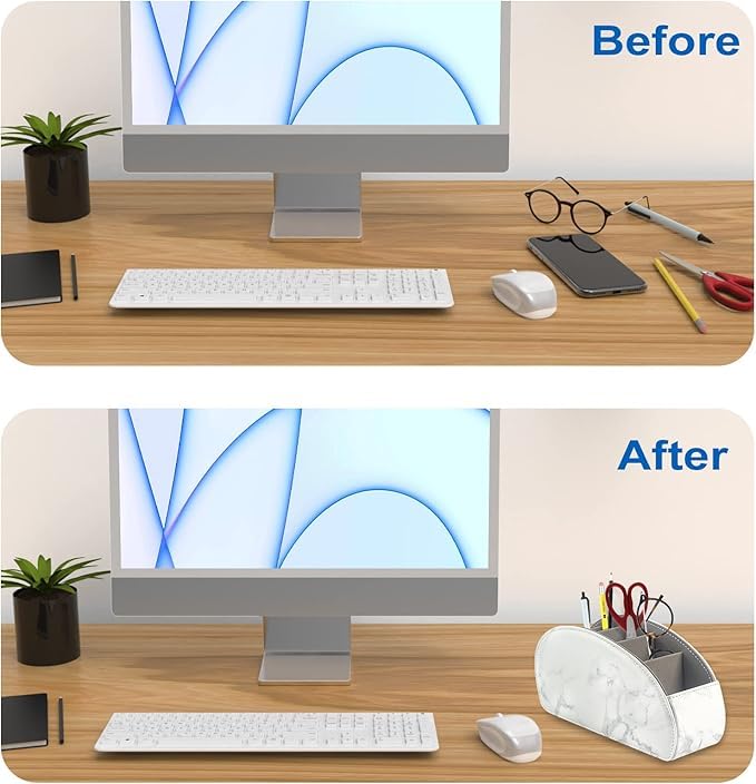 Remote Control Holder with 5 Compartments – [Upgrade Version] PU Leather Remote Caddy Desktop Organizer Store TV, DVD, Blu-Ray, Media Player, Smart Phones, Heater Controllers(Marble white) - color: Marble White