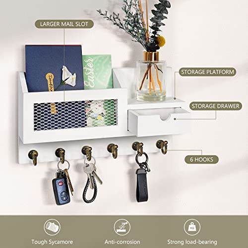 FifthQuarter Key and Mail Holder for Wall, Mail Organizer Wall Mount with 6 Hooks and Storage Drawer, Easy Installation Key Rack for Entryway and Home Decor (B-White) - color: B-White