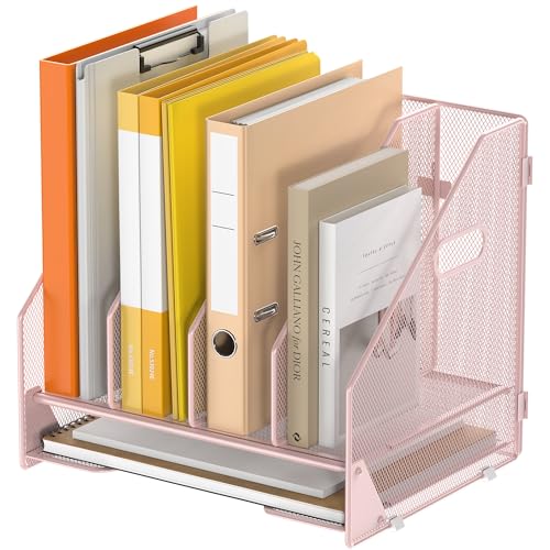 Desk File Folder Holder Organizer-4 Vertical Compartments Racks and Paper Letter Tray,Mesh Magazine File Holder Sorter,Desktop Accessories & Workspace Organizers for Home,Office,School-Pink - color: 4 Compartments-pink