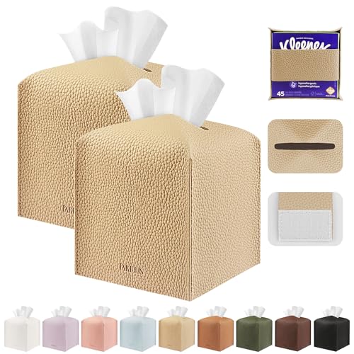 Tissue Box Cover Holder Square Tissue Cube Cover PU Leather Tissue Organizer with Bottom Belt for Bathroom, Tabletop, Car, Night Stands, Office, Home, Kitchen (2, SoftBeige) - color: Softbeige