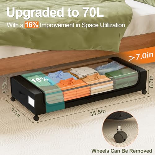 GoMaihe Under Bed Storage with Wheels: 70L Underbed Storage Containers with Clear Lids - Rolling Drawers & Bins for Shoes Clothes in Dorm Bedroom - Space-Saving Easy Pull-out Black 2-Pack - color: Black, size: Extra Large(2Pack)
