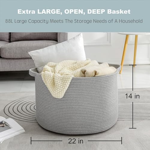 MEGASKET Extra Large Grey Storage Basket, 22" X 22" X 14" XXXL Blanket Basket for Living Room, Gray Wicker Woven Cotton Rope Baskets for Storage, Kids Toy Baskets Bins, Decorative Pillow Towel Basket - color: Gray, size: 22"x22"x14"