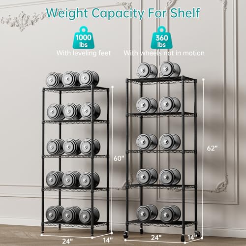 SINGAYE 5 Shelf Storage Wire Shelves Closet Bathroom Organizers Metal Pantry Kitchen Garage Shelving Unit Laundry Room Organization Home Narrow Rack Net Basket with Wheels Black - color: Black, size: 5Tier/14"D X 24"W X 61"H