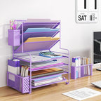 Simple Trending 7 Tier Desk File Organizer, Letter Tray Paper Organizer with Pen Holder and Metal Hanging Basket, Purple - color: 7 Tier Purple