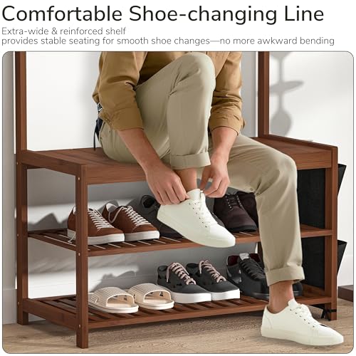 AMBIRD Hall Tree with bench and shoe storage, Entryway Bench with shoe storage, 6-in-1 Coat Rack with Cloth Bag and 12 Coat Hooks, Sturdy Bamboo Frame, Brown 31 * 15 * 70 Inches - style: Classic, 31.5'' L