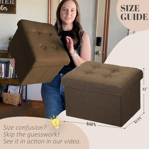 LINMAGCO Ottoman Storage Ottoman with Storage Small Foot Rest Stool Under Desk Stool Short Folding Footrest Linen Cloth Brown 16X12X12IN - color: Brown(linen), size: 16"X12"X12"