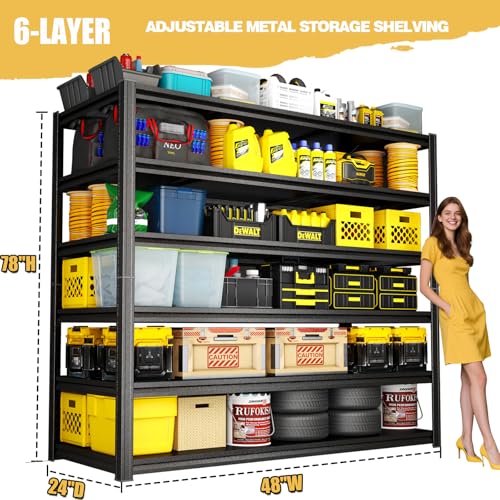 6-Tier Heavy Duty Garage Shelving Unit, Steel Storage Shelving, 3600LBS, 78" H Adjustable Storage Rack, Utility Organizer Shelf for Garage, Warehouse, Kitchen, Basement, Black - size: 48"W x 24"D x 78"H