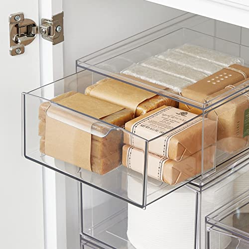 mDesign Plastic Stackable Bathroom Storage Organizer Bin Containers with Front Pull Drawer for Bathroom Countertop, Vanity, Closet Shelves - Holder for Beauty Accessories - Lumiere Collection - Clear - size: 8 x 12 x 4 (Pack of 1)