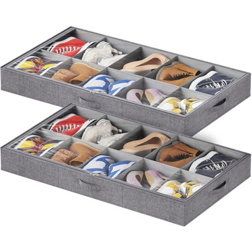 Lifewit Under Bed Shoe Storage Organizer Fits 10 Pair Sneakers, 4.3 Inches Tall Sturdy Structure Ultra Thick Fabic Sneaker Storage, Foldable Underbed Shoe Boxes for Heels, Boots, Sports Shoes 2 Pack - size: Large, Extra Large