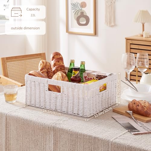 OIAHOMY Wicker Storage Basket, Rectangular Paper Rope Shelf Baskets with Built-in Handles, Woven Decorative Organizer for Pantry, Shelves, Living Room and Bathroom, 1-Pack White - color: White