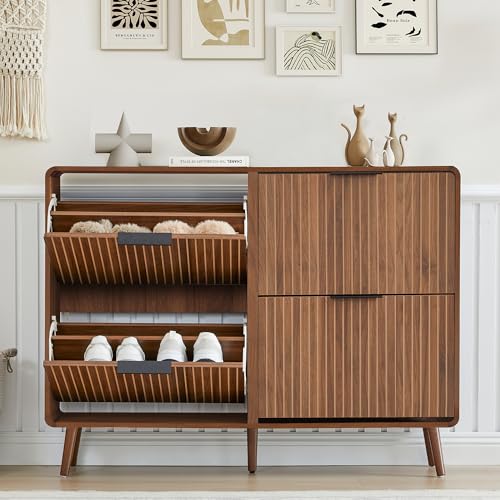FurSch 47" Fluted Large Shoe Cabinet with 4 Flip Drawers, Slim Freestanding Shoe Cabinet Organizer, Narrow Shoes Storage Rack for Entryway, 5 Sturdy Legs (All Walnut, 9.45" D x 47.24" W x 35.83" H) - color: All Walnut, size: 4 Drawers