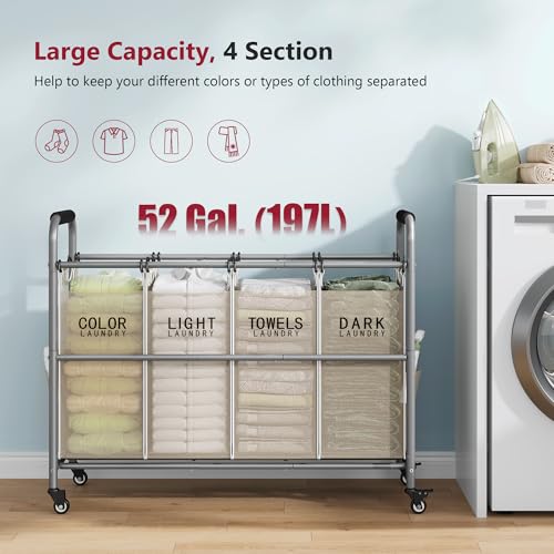 Tajsoon 4 Bag Laundry Sorter Cart, 4 Section Laundry Hamper Sorter with Heavy Duty Lockable Rolling Wheels, Laundry Separator Hamper with Removable Bags for Dirty Clothes Storage, Beige - color: Beige