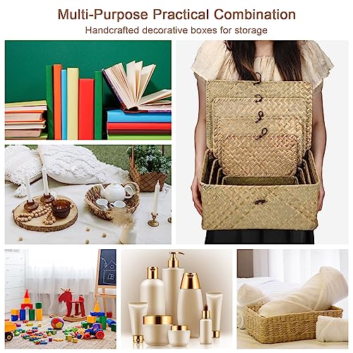 Woanger Set of 4 Wicker Storage Baskets Organizer，Handwoven Storage Bins with Lid for Organizing, Home Utility Box for Home Office Supplies Multipurpose Container(Natural Color) - color: Natural Color