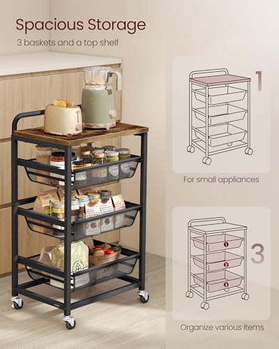 VASAGLE Storage Rolling Cart with Pull-Out Baskets, 4-Tier Utility Cart Orgnizer with Wheels for Laundry Room, Kitchen, Handle, 12.5 x 15.8 x 29.9 Inches, Rustic Brown and Ink Black ULRC040K01 - color: Rustic Brown + Ink Black, size: 4 Tiers