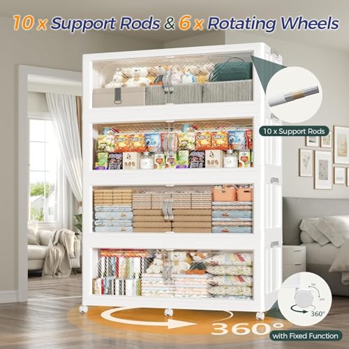1200QT Extra Large Stackable Storage Bins with Lid, 300Gal Plastic Closet Organizers and Storage Drawer, Collapsible Cabinet Box with Wheels Clear Doors for Home Kitchen Office, 5Pack White - size: 240QT, style: 5Pack
