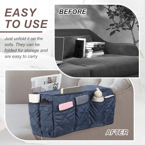 uxcell 2 Pcs Recliner Armchair Caddy, Couch Armrest Organizer with 14 Pockets for Bedside Sofa Remote Control Holder Magazine Phone Book Glasses (Dark Blue, 20" x 7" x 9") - color: Dark Blue