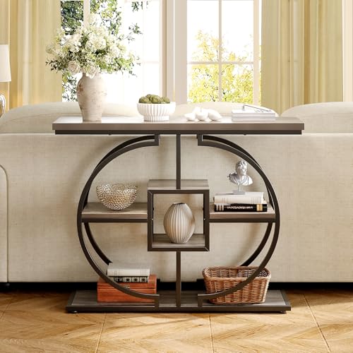 GiftGo Narrow Console Table for Entryway Industrial 4-Tier Sofa Table Behind Couch with Circle Base Rustic Wooden Accent Tables with Storage Shelves for Living Room, Hallway, Foyer (Grey) - color: Grey