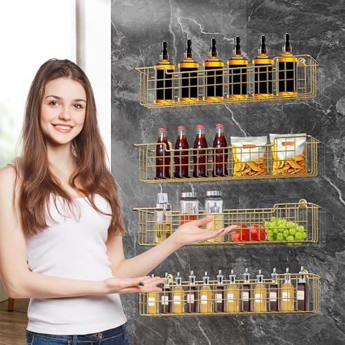 Spice Rack, 4-Pack Seasoning Organizer Wall Mount for Kitchen Storage Organization, Spice Holder Shelf Saving Space for Cabinet, RV, Pantry, Gold - color: Gold-4 Pack