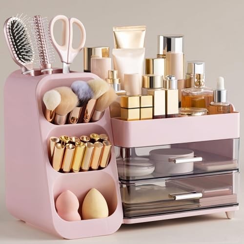 HBlife Makeup Organizer with Brush Holder for Vanity, Large Plastic Bathroom Countertop Organizer Skin Care Storage, Easy to Store Lipsticks, Nail Polishes, Perfumes, Eyeshadow Palettes, Pink - color: Pink, size: Large