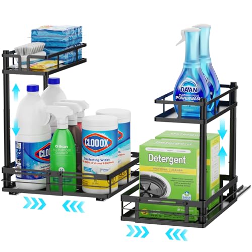 iSPECLE Under Kitchen Sink Organizer, 2 Pack L-Shaped Height Adjustable Pull-Out Cabinet Organizer for Center-Mounted Garbage Disposal & Plumbing, Heavy-Duty Sliding for 30-36 Inch Wide Sink Cabinets - color: Two Black, size: Under Sink
