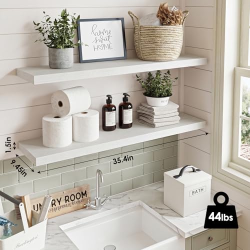 Fixwal Floating Shelves for Wall, 35" Long Heavy Duty Wall Mounted Rustic Wood Shelves for Living Room, Bedroom, Bathroom and Kitchen, for Storage, Books, Room Decor (White, Set of 2) - color: White, size: 35in
