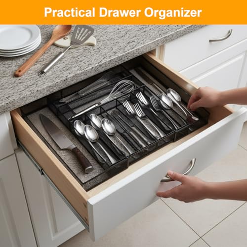 1 Pcs Utensil Drawer Silverware Organizer, Metal Mesh Expandable 13" ~24" Kitchen Drawer Organizer, 7-9 Slots Cutlery Tray Dividers for Kitchen Flatware Christmas Housewarming Gift (Black) - color: Black
