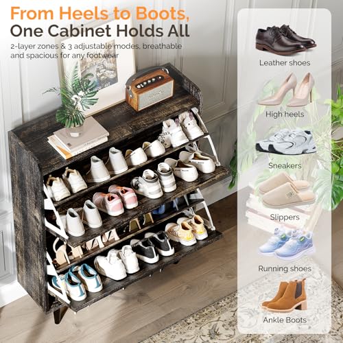 VINGLI Shoe Storage Cabinet for Entryway with 2 Flip Drawers, Ultra Slim Freestanding Entryway Shoe Organizer with Wood Tapered Legs,Hidden Closed Shoe Rack,31.6"W * 9.4"D * 39.4"H, Dark Rustic Oak - color: Dark Rustic Oak, size: 31.5"W 2 Drawers