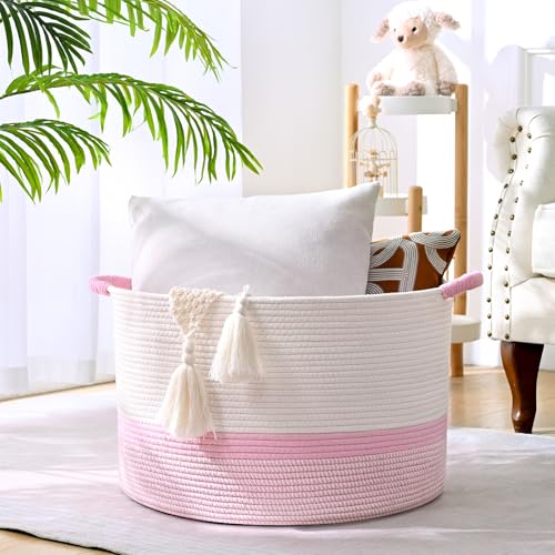 67L Large Blanket Basket, 20"x13" Woven Storage Baskets With Handle, Cotton Rope Blanket Basket Living Room, Baby Laundry hamper for Blanket, Nursery, Toy, Pillow (White & Pink) - color: White & Pink, size: 67L