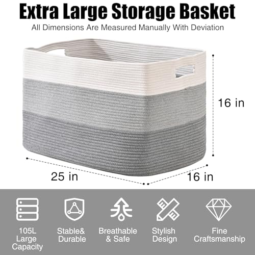 ICERZCZ Extra Large Blanket Basket Living Room, Rectangle Storage Basket, Large Woven Baskets for Storage, Cotton Rope Basket for Toys, Clothes, Gradient Grey - 25”x16”x16” (105L) - color: Gradient Grey, size: 25”x16”x16”
