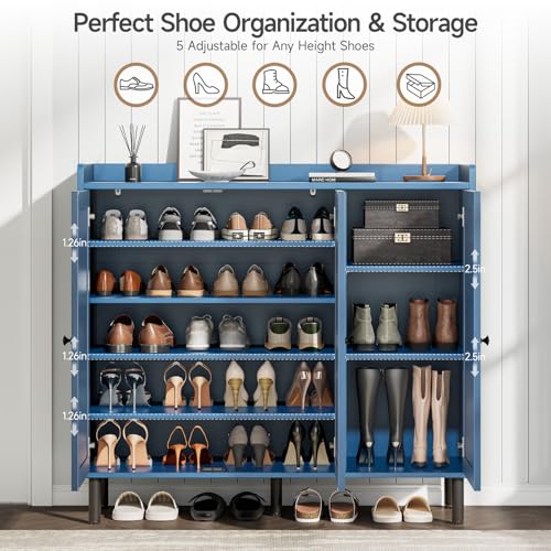 ONBRILL Shoe Cabinet with 3 Doors and Adjustable Shelves, 30 Pairs Shoe Storage Cabinet, 40 Inch Tall Farmhouse Shoe Rack Shoe Organizer Cabinet for Entryway Living Room Closet, Blue - color: Blue