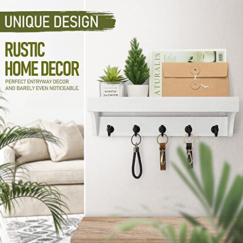 Rebee Vision Key and Mail Holder for Wall with Floating Shelf : Decorative Hanging Organizer with 5 Sturdy Keys Hooks and Wall Mount Key Rack - Farmhouse Entryway Décor (Modern White) - color: White