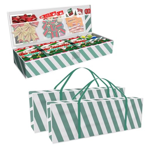 Safana 2 Pack Wrapping Paper Organizer Storage Bag, 42" Durable 600d Oxford Gift Wrapping Organizer Box Under Bed Storage Containers for Decorations Paper Rolls, Ribbons, Balls, Bows (Green Stripe) - color: Green Strip 2pcs, size: 42inch
