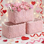 Kathfly 3 Pcs Bow Foldable Storage Baskets Plush Faux Fur Jacquard Design Laundry Basket with Handles Waterproof Storage Bins Fabric Shelf Baskets for Organizing Closet Clothes - style: Bow
