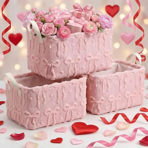 Kathfly 3 Pcs Bow Foldable Storage Baskets Plush Faux Fur Jacquard Design Laundry Basket with Handles Waterproof Storage Bins Fabric Shelf Baskets for Organizing Closet Clothes - style: Bow