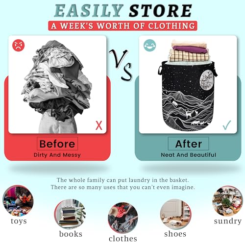 Mountain Laundry Basket Foldable With Handles Deer Bear Moon Tote Bag Oxford Cloth Funny Laundry Hamper Clothes Storage Bucket Toy Organizer For Bathroom/Laundry/Bedroom 18.9" x 16.5 " - color: Mountain With Galaxy Moon Bear