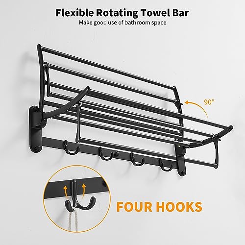 BESy 24 Inch Matte Black Towel Racks, Bathroom Towel Shelf with Foldable Towel Bar Holder and Towel Hooks, Wall Mounted Multifunctional Bathroom Accessories, Double Towel Bars - color: Matte Black