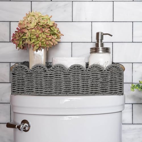 CubesLand Scalloped Edge Toilet Paper Storage Basket, Living Room Home Cozy Decor Basket, Paper Rope Small Baskets for Over Toilet Storage Shelf, End Table, Shelves, with 2 Wooden Handles, Grey - color: Grey, size: M - 14"L x 6.3"W x 3.9"H