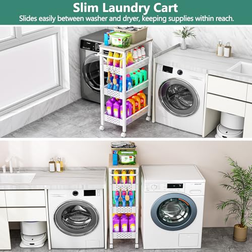 Vivihomety Utility Slim Storage Cart with Wheels, 4 Tier Small Rolling Cart with Wood Top, Metal Kitchen Bathroom Laundry Room Organization Trolley with Handle for Narrow Space - White - color: White, size: 8.1 inch wide