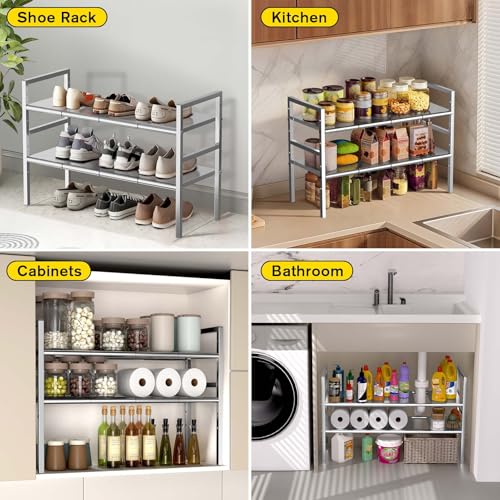 Expandable Under Sink Organizer and Storage, 2-Tier Height Adjustable Under Cabinet Organizer Shelf with 8 Removable Panels for Bathroom Kitchen Multi-Purpose Storage (8 Panels)