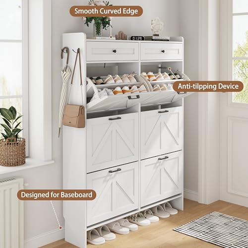 Shoe Cabinet with 6 Flip Drawers & 2 Top Drawers, 57" Tall Freestanding Narrow Wooden Shoe Storage Organizer for Entryway, Hidden Slim Shoe Rack for Front Door Entrance, Hallway, Living Room, White - color: White, size: 6 Flip Drawers