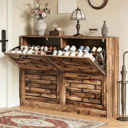 Farmhouse Shoe Cabinet Storage with 4 Flip Drawers for Entryway, Slim Shoe Rack Cabinet with Woven Design Drawers, Narrow Shoe Organizer for Hallway, Apartment, Rustic Brown - color: Rustic Brown, size: 4 Drawers