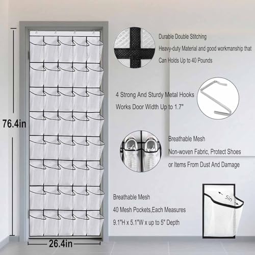 40 Large Mesh Pocket Over the Door Shoe Organizer,Hanging Shoe Rack for Door,Shoes Organizer Hanger with Large Capacity (white) - color: white