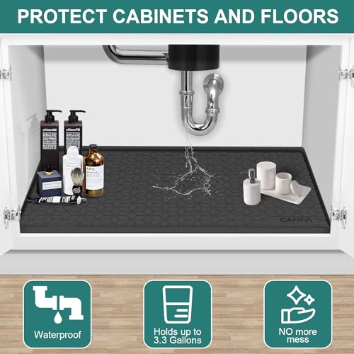 Under Sink Mat, 34" x 22" Waterproof Silicone Under Sink Tray for Kitchen & Laundry Cabinets, Kitchen Cabinet Shelf Protector, Up to 3.3 Gallons Liquid, Fits 36 inch Standard Cabinet(Grey) - color: Dark Black, size: 22"W x 34"L
