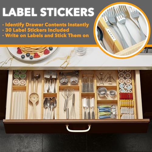 SpaceAid Bamboo Drawer Dividers with Inserts and Labels, Kitchen Adjustable Drawer Organizers, Expandable Organization for Home, Office, Dressers, 7 Dividers with 15 Inserts (17"-22" Natural) - color: NATURAL, size: 2.35''H, 17''-22''L, 7 Dividers