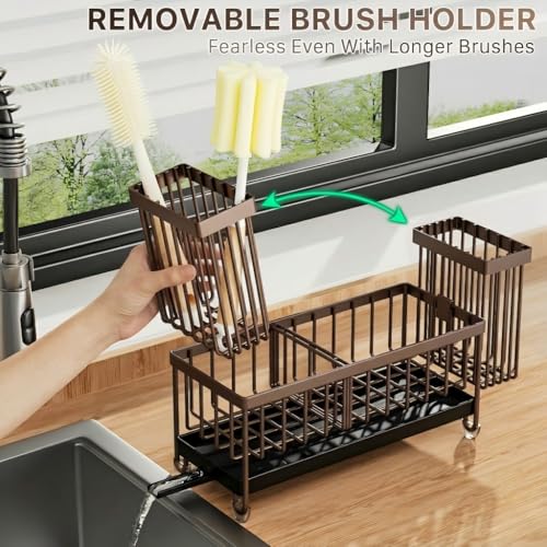 Cisily Brown Sponge Holder for Kitchen Sink, Sink Caddy Organizer with High Brush Holder, Kitchen Countertop Organizers and Storage Essentials, Rustproof 304 Stainless Steel, Soap Dispenser Organize - color: Brown