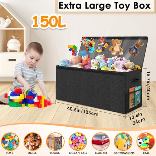 Extra Large Toy Box Chest with Lid, Kids Toy Storage Organizer for Boys Girls, Big Toy Bin Basket Extra Large Toy Storage Box for Living Room Playroom Nursery (40" x14" x16") - color: Black