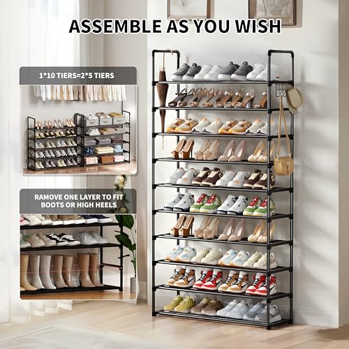 Shoe Rack, 10 Tier Shoe Storage Organizer with Hooks,Fit 40-45 Pairs Shoes,Metal Tall Shoe Shelf for Closet,Entryway, Hallway,Garage,Bedroom,Cloakroom - color: Metal, size: X-Large